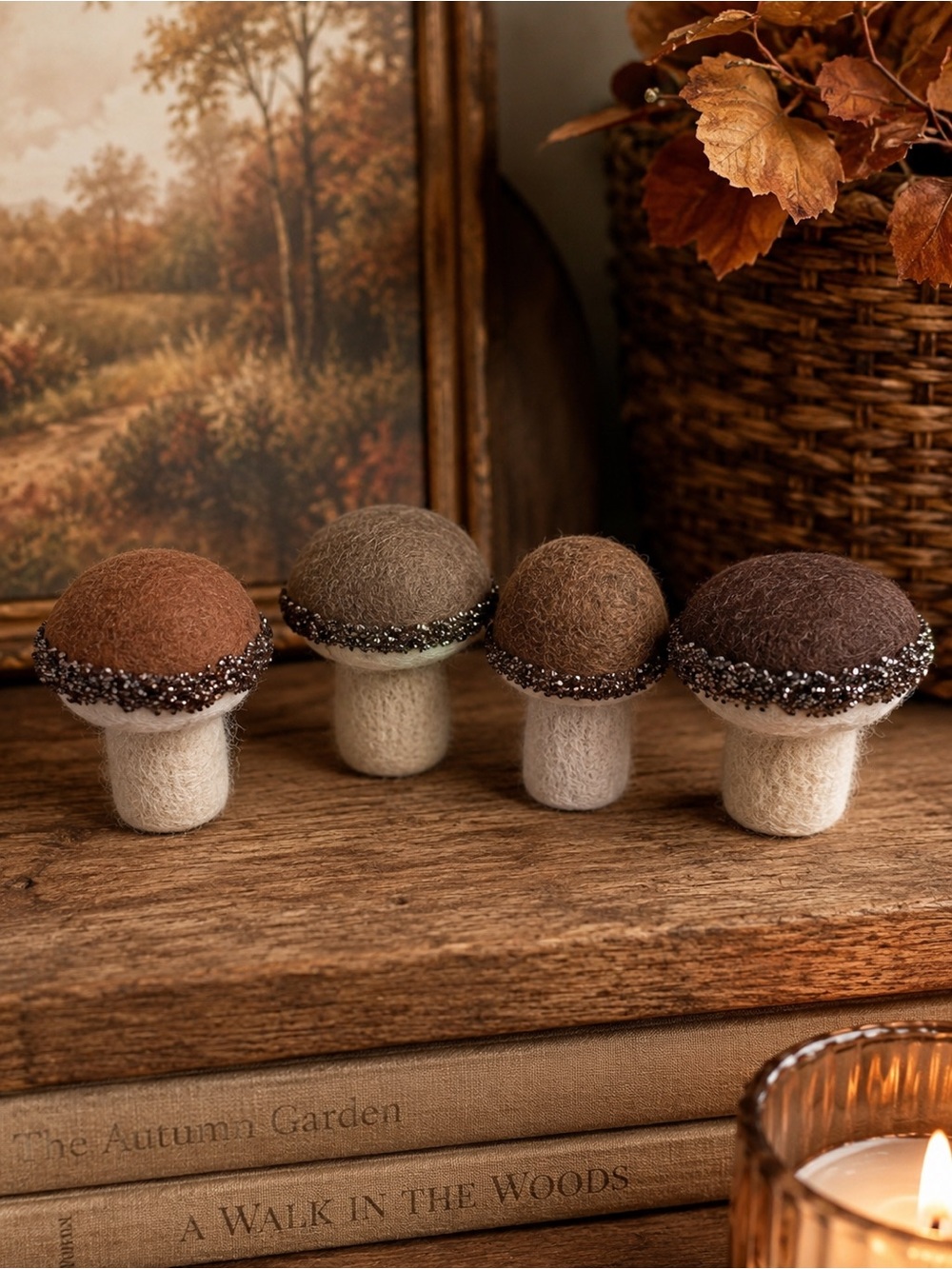 Martha Stewart Brown Glitter Felt Mushroom  Figures Home Decor Display Set‎ 4